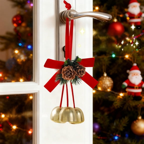 Christmas Bell Ornament Velvet Bow Artificial Pinecone Hanging Decor Holiday Gift Home Decoration Festive Door Window Curtain Scene Setter Iron Material Red Color Seasonal Display