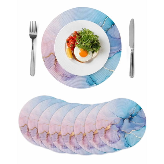 Blue Purple Pink Marble Round 15 Inch Placemats Set of 8, Modern Ink Painting Abstract Art HeatResistant Non Slip Place Mats for Dining Table, Wipeable Braided Kitchen Table Mats for Housewarming