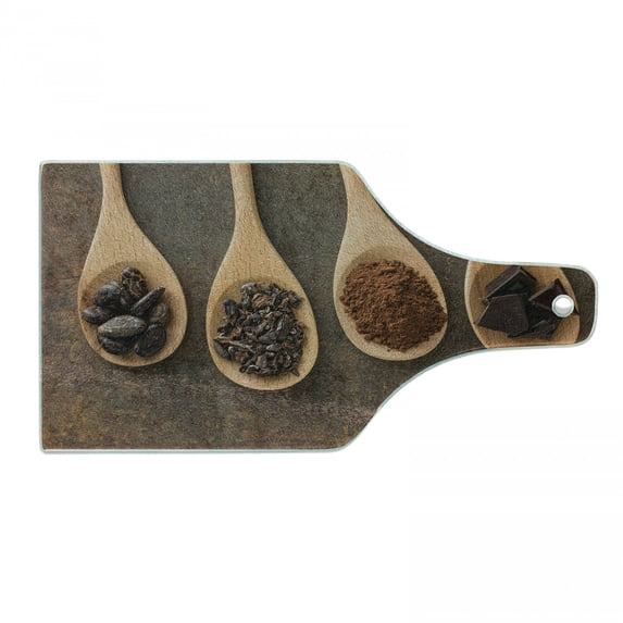 Chocolate Cutting Board, Cocoa and Dark Chocolate in Wooden Spoons Tasty Ingredient, Decorative Tempered Glass Cutting and Serving Board, in 3 Sizes, by Ambesonne