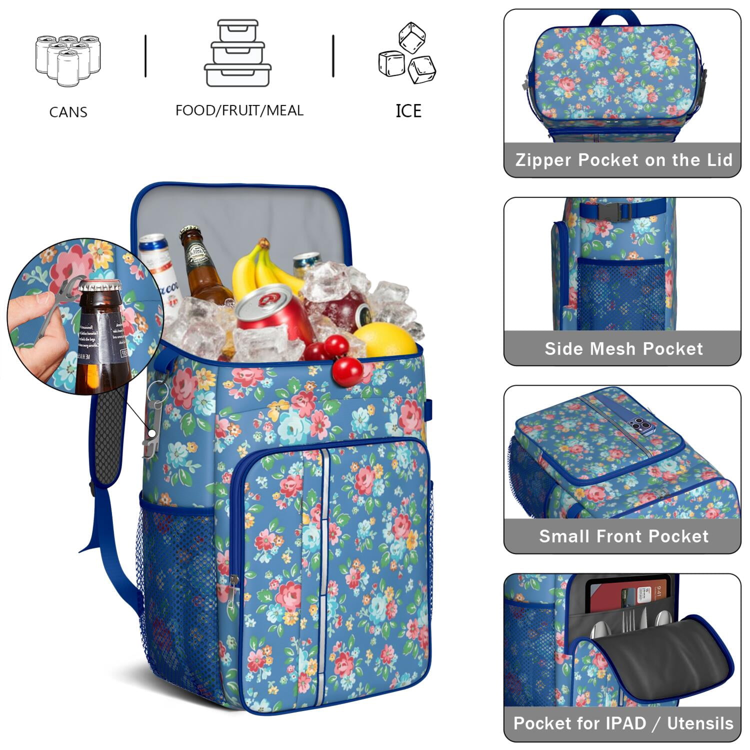 Travel Cooler Bag - Pioneer Flower Floral Print Pattern Camping Beer Cooler Backpack with Bottle Opener- Waterproof Insulated Picnic Backpacks - Cooler Bag for Beach