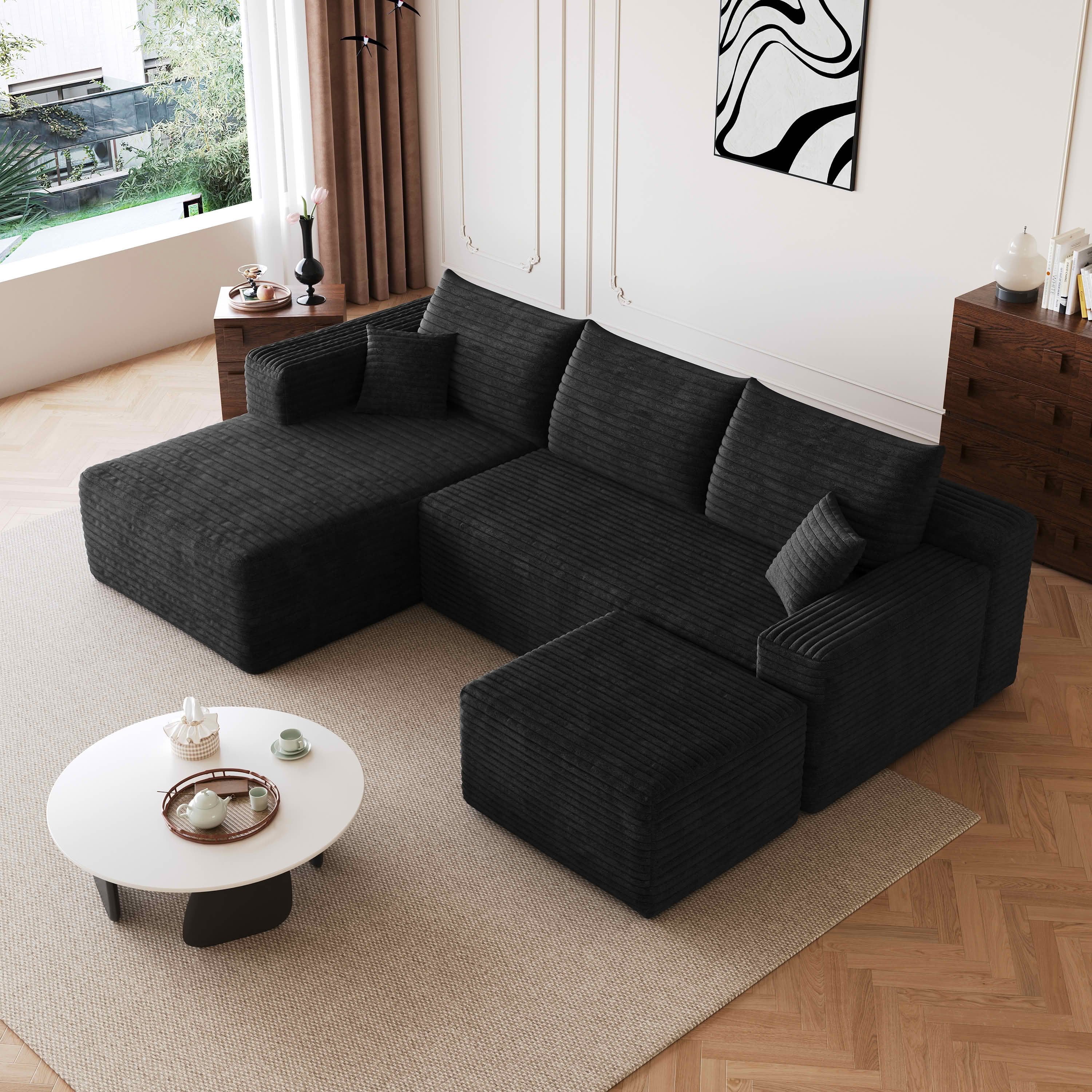 MAYEERTY 95 Inch Cloud U Shaped Sectional Sofa with Ottoman, Plush Corduroy Deep Seat Corner Couch, No Assembly Modern Minimalist Sofa for Living Room