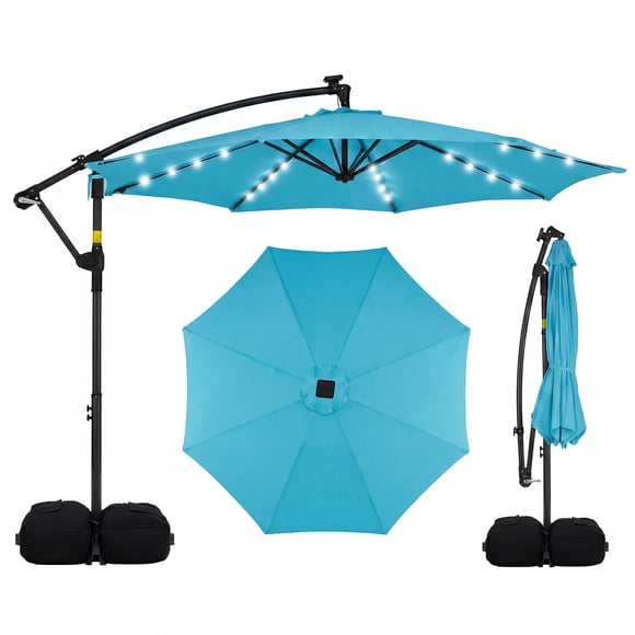 Costway 10 FT Solar Offset Hanging Umbrella Patio Cantilever Umbrella with 32 LED Lights Turquoise