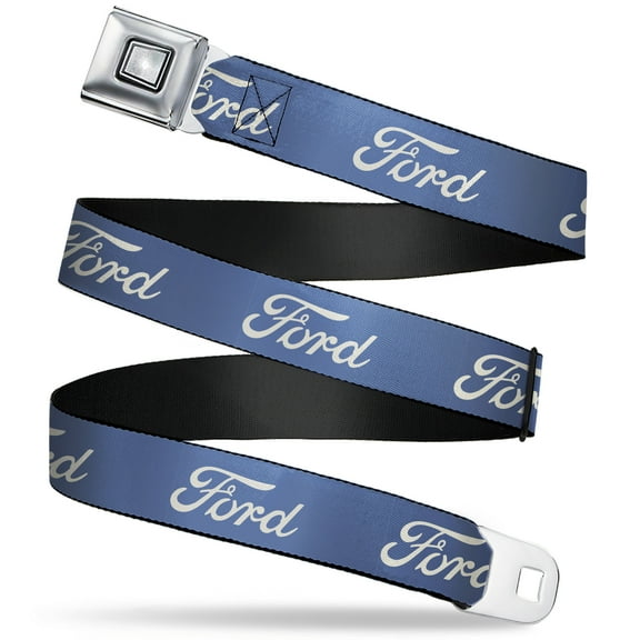 Ford Belt, Seatbelt Buckle Belt, Ford Script Blue White, 30 to 44 Inches