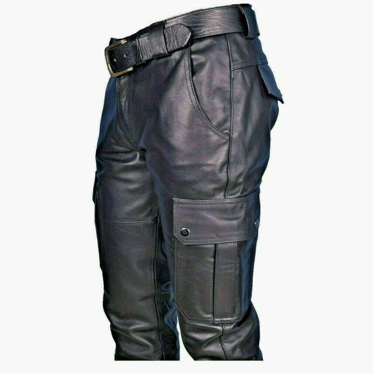 Men Faux Leather Biker Pants Retro PU Stretch Motorcycle Cargo Pants  Straight Leg Multi Pockets Moto Trousers 