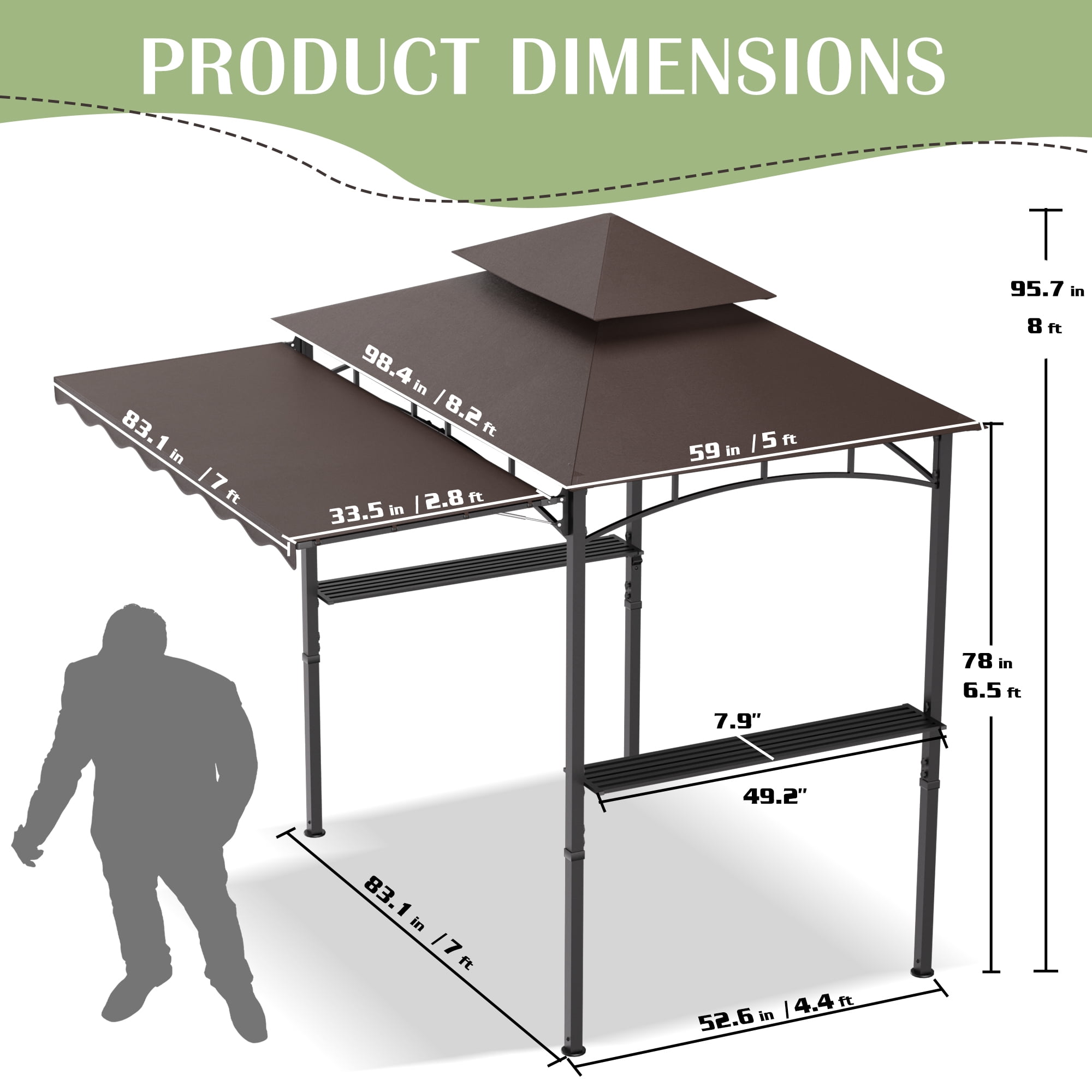 Haverchair 8x8 FT Grill Gazebo with Side Awning, 2-Tier Barbecue Canopy Shelter with 2 Shelves, 7 Hanging Hooks, Bottle Opener, Outdoor Grilling Awnings Tent for Backyard Garden Poolside