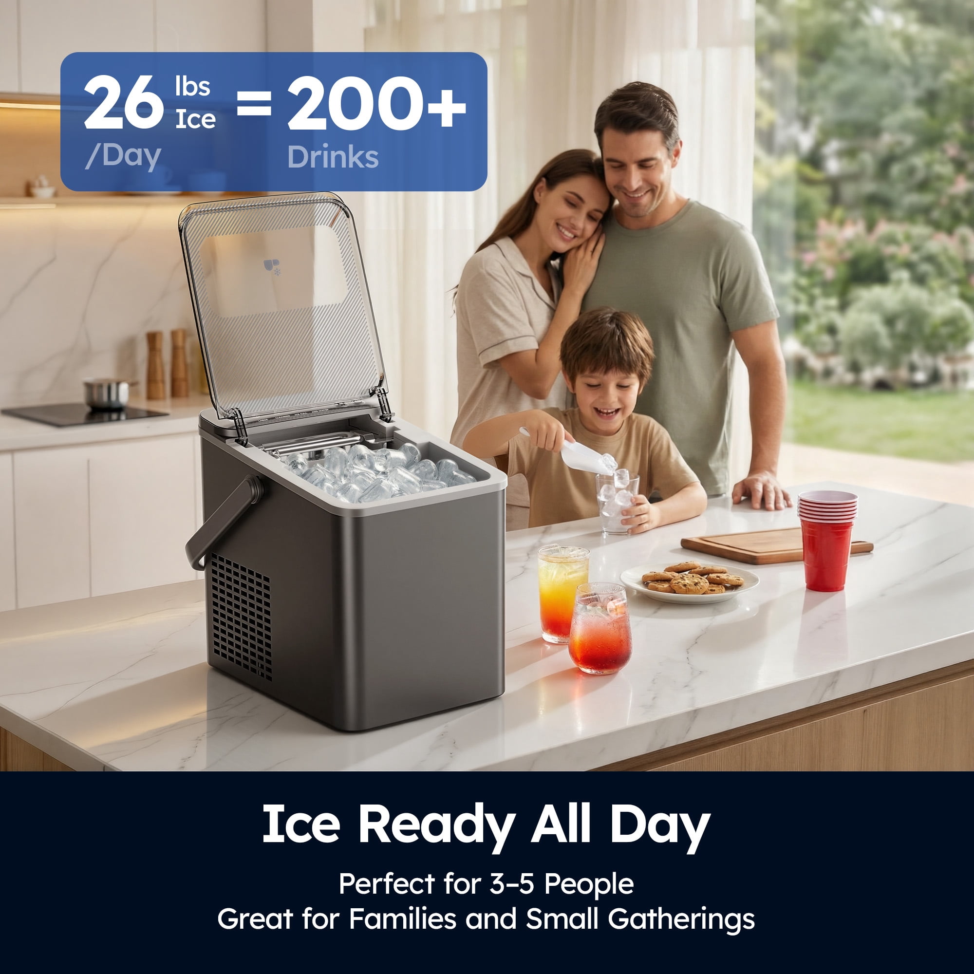 SIMZLIFE Portable Countertop Ice Maker Machine, 26 lbs Ice Per Day, 9 Bullet Ice Cubes Ready in 6 Minutes, Small & Large Ice Sizes, Self-Cleaning, 1.1L Water Tank, Ice Scoop & Basket, Gray