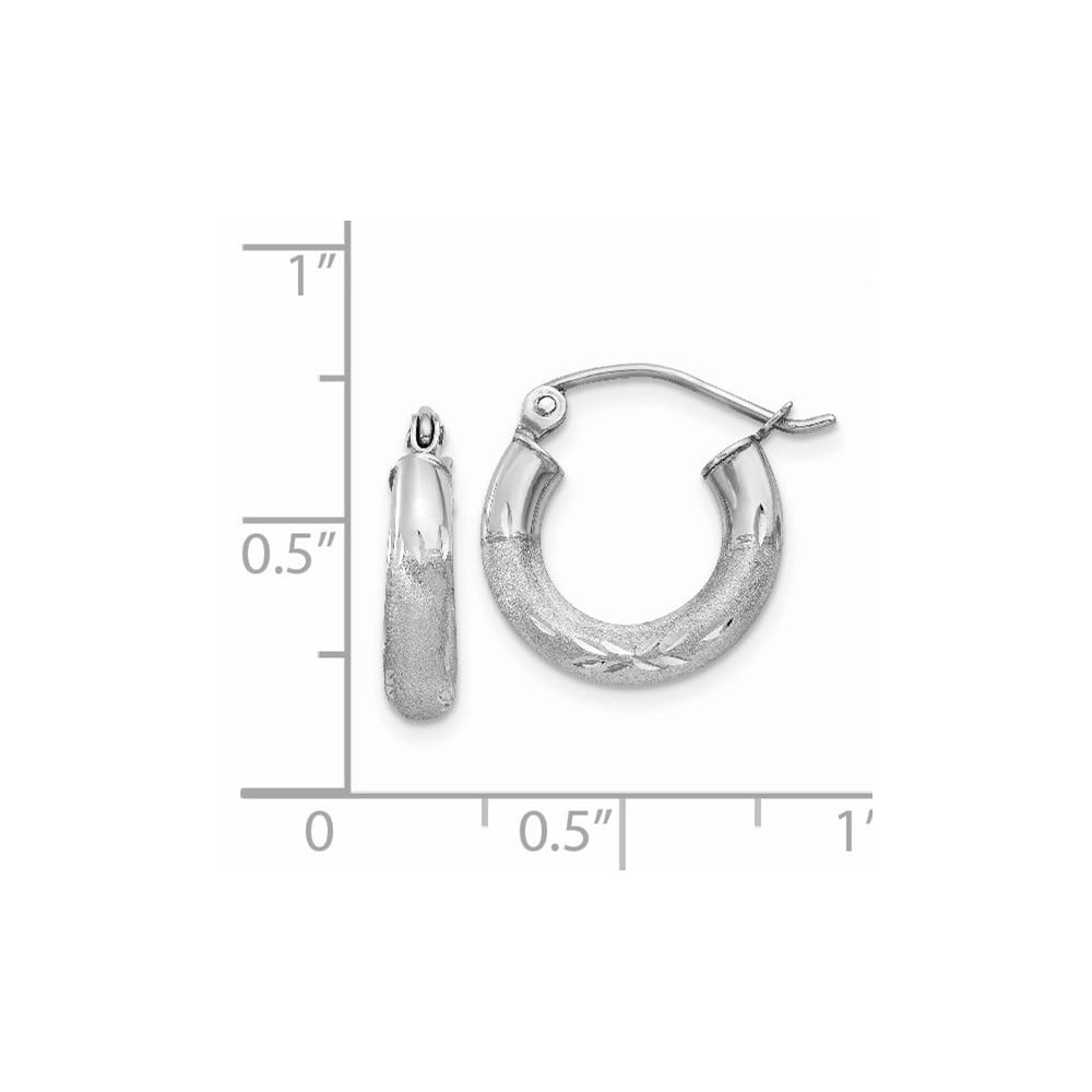 FB Jewels Solid 14K White Gold Diamond-cut 3mm Round Hoop Earrings