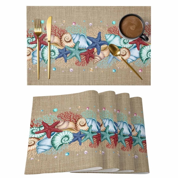Blue Starfish Conch Placemats Set of 6, Ocean Coral Summer Beach Coastal Placemats for Dining Table, Place Mats for Kitchen Tabletop, Waterproof Wipeable Dining Table Mats Set