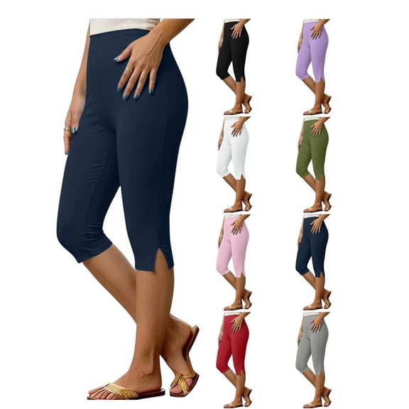 Miluxas Women's High Waisted Capri Leggings Soft Stretchy Tummy Control Yoga Pants Casual Running Workout Cropped Trousers with Side Slit White
