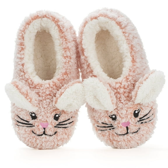 Cozylook Cute Animal Slipper Socks for Toddler Kids Girls Women Fuzzy Fluffy Sherpa Lined Non-Slip Indoor House Slippers Cozy Easter Gifts Pink Bunny Adult 7-8