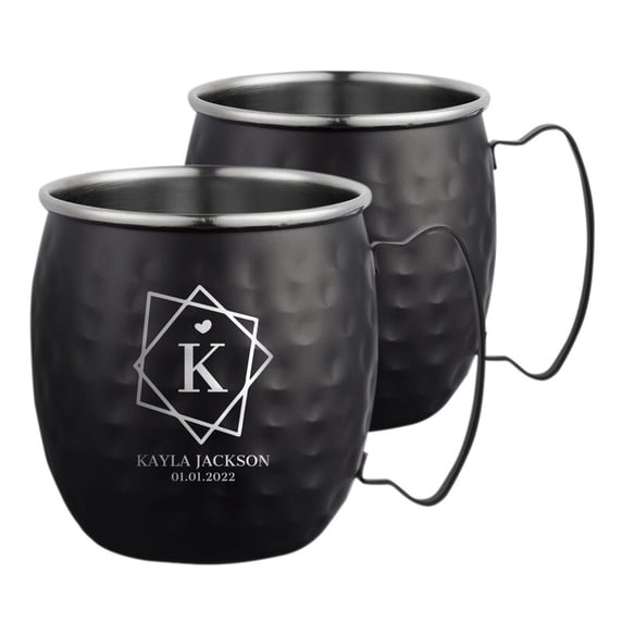 PERSONALIZED Stylish Bridesmaid Ultimate Gift: Custom Engraved Moscow Mule Mugs with Classic Round Rolled Rim and Sturdy Handle, Hammered Black Finish 16 oz, Set of 2, Geometric