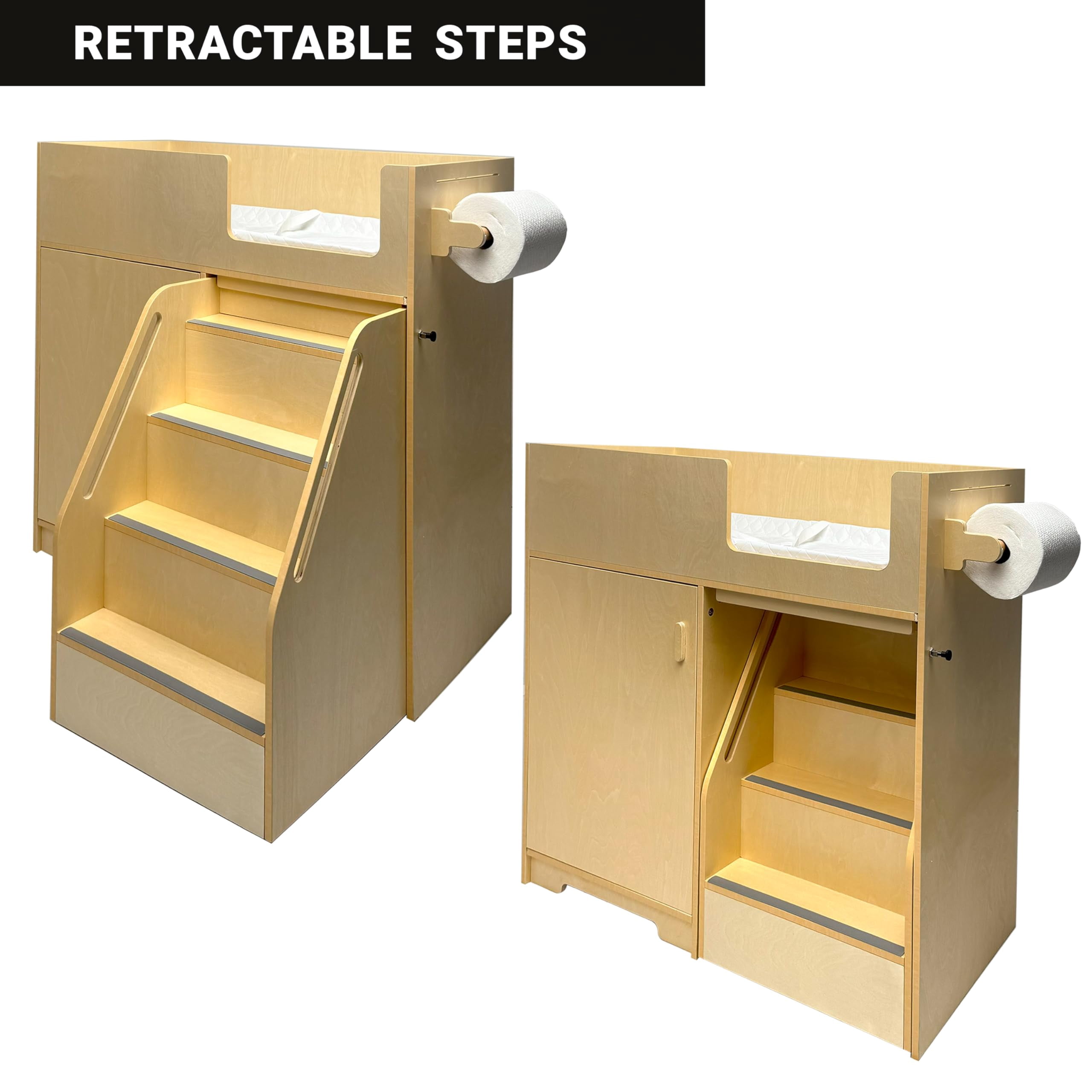 ZETY Baby Changing Table with Stairs, Portable Wooden Diaper Station with Wheels, Storage Shelves and Paper Roll Holder