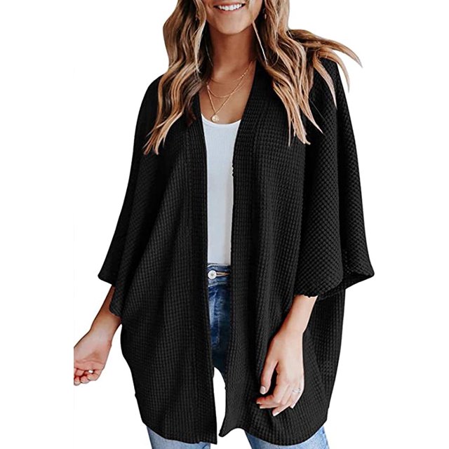 LinYooLi Women's Kimono Open Front Waffle Knit Cardigans Solid Sweater Batwing Sleeve Shawl Collared Soft Slouchy Cloak