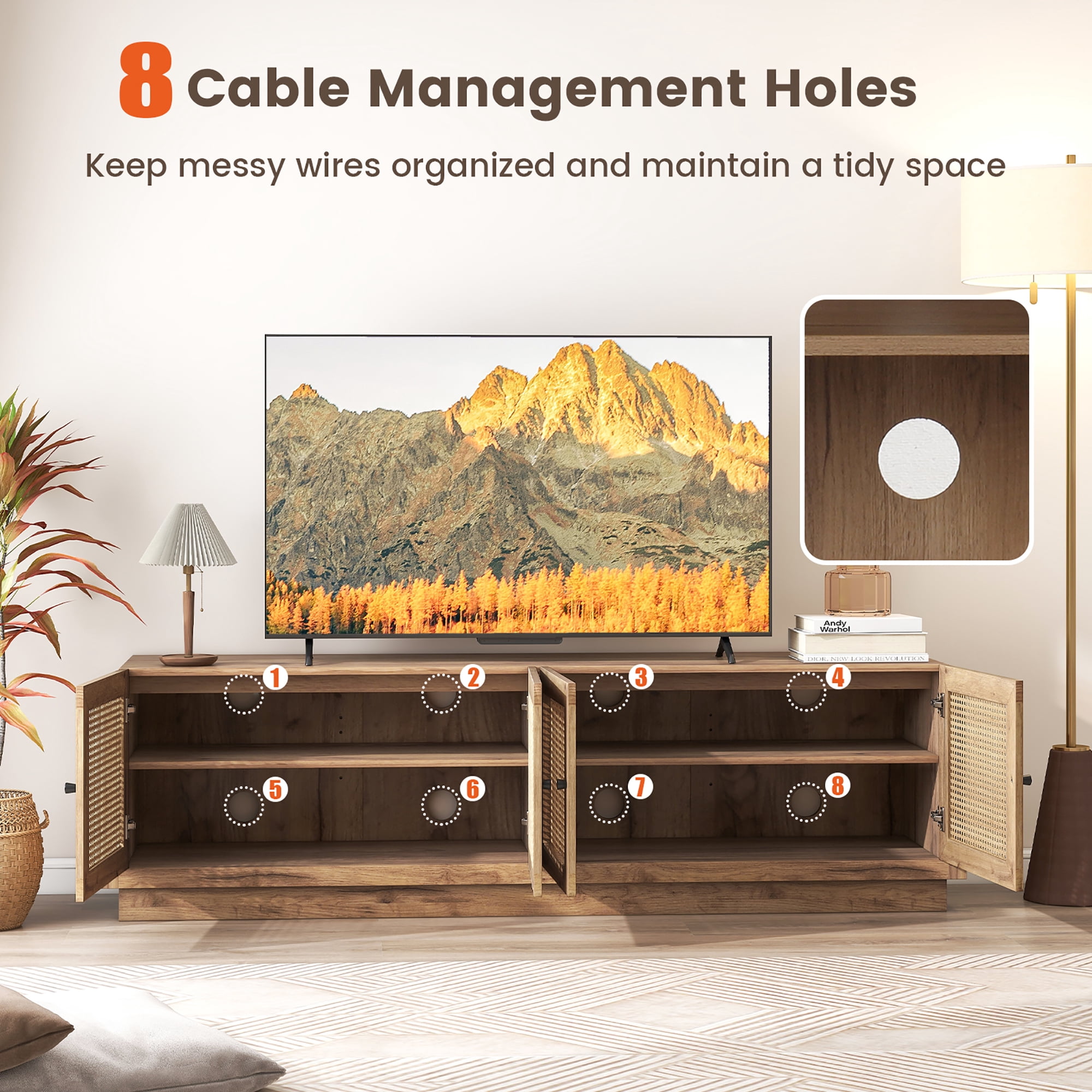 Gymax 4-Door PE Rattan Media Console Table Farmhouse TV Stand for TVs up to 75'' Oak