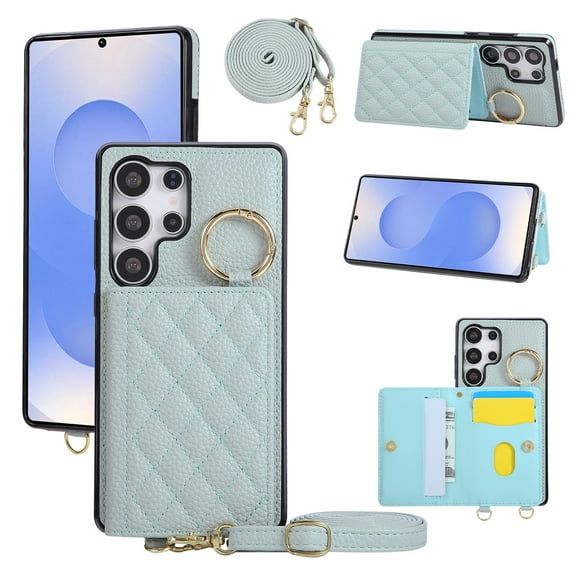 Allytechgroup Wallet Case for Samsung Galaxy S25 Ultra, with Shoulder Strap/Card Slots/Cash Pocket/Metal Ring Kickstand Magnetic Closure Cover PU Leather Shockproof TPU Bumper Non-Slip Shell, Blue