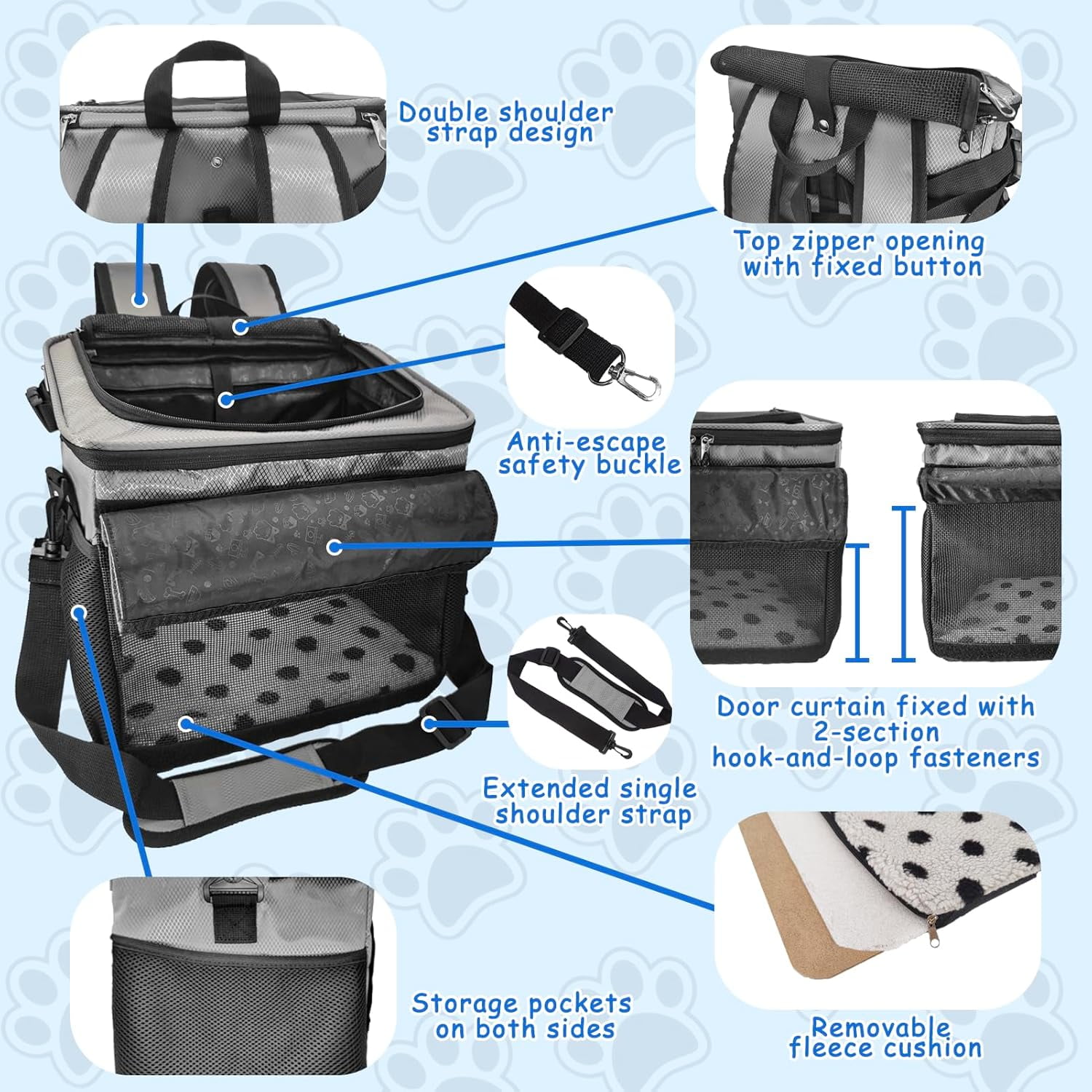 Dog Bike Basket  with Shoulder Strap, Breathable Pet Backpack for Small Dogs Cats Under 15lb, Gray Oxford Cloth Travel Bag with Rain Cover and Accessories
