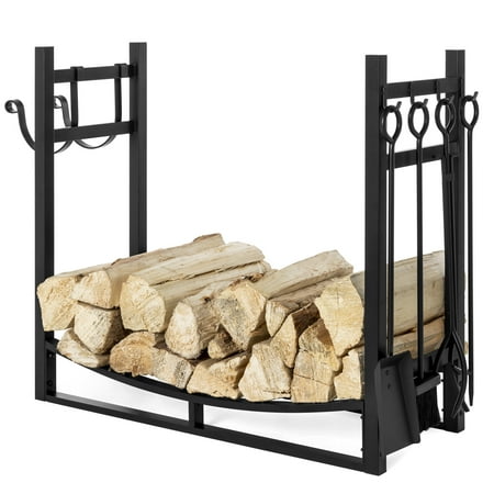 Log Holder With Tools Best Choice Products 43.5in Steel Firewood Log Storage Rack Accessory and Tools for Indoor/Outdoor Fire Pit, Fireplace with Removable Kindling Holder, Shovel, Poker, Grabber, Brush ()