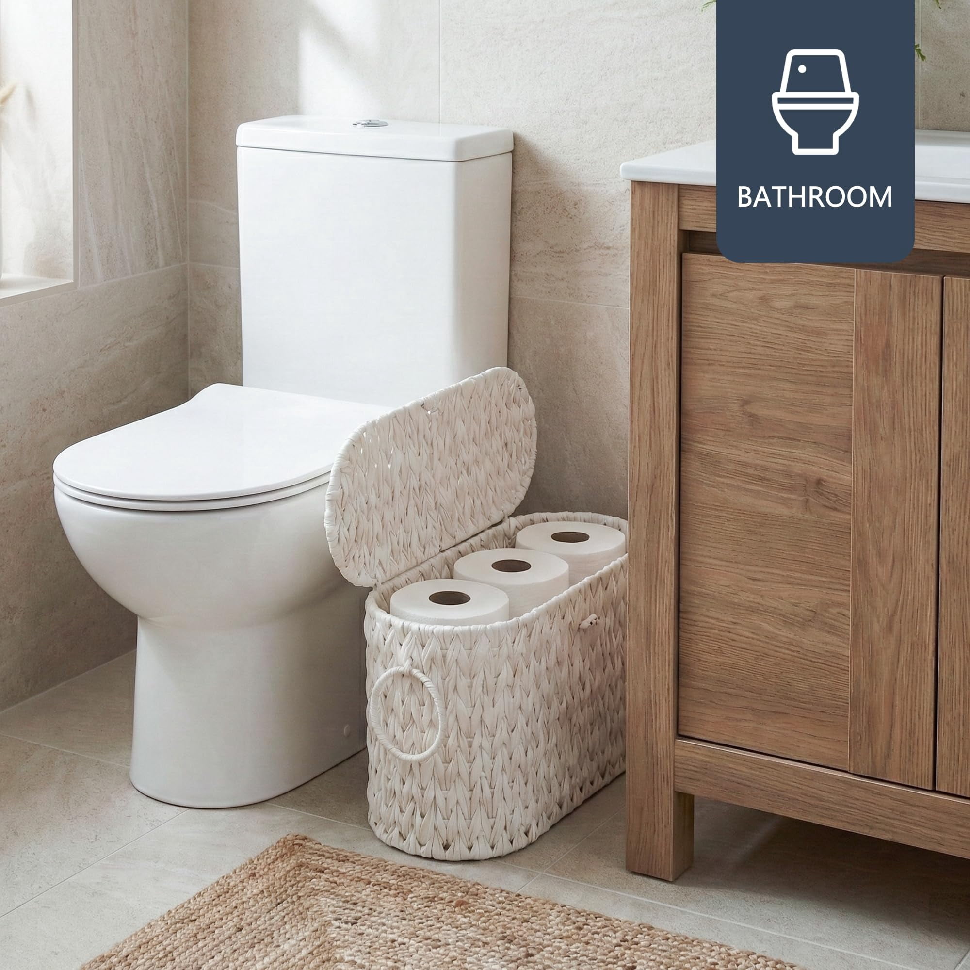 Toilet Paper Basket Wicker Storage With Lid Decorative Boho For Bathroom Free Standing-cream White