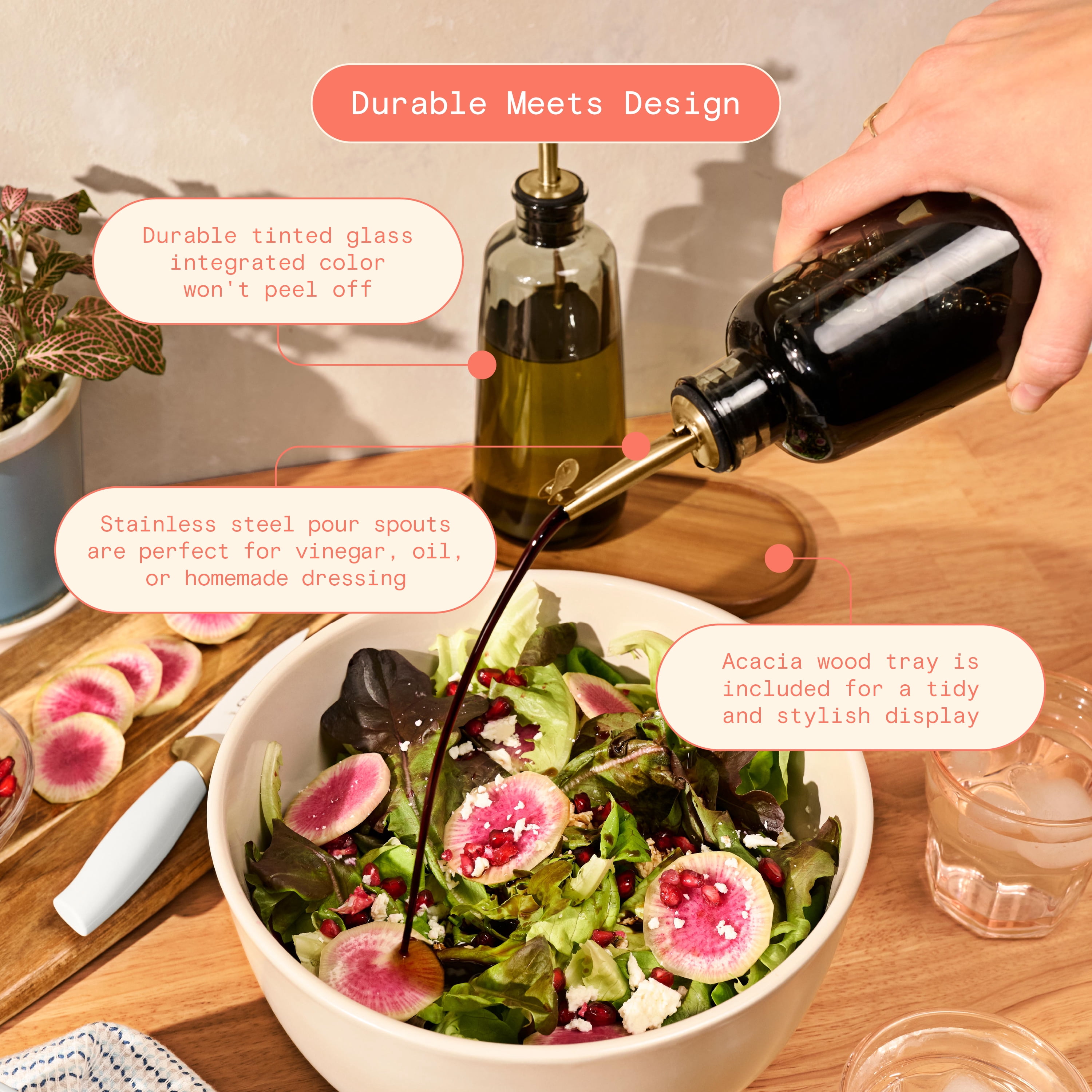 Beautiful 2-Piece Glass Oil and Vinegar Dispenser Set with Acacia Wood Tray by Drew Barrymore