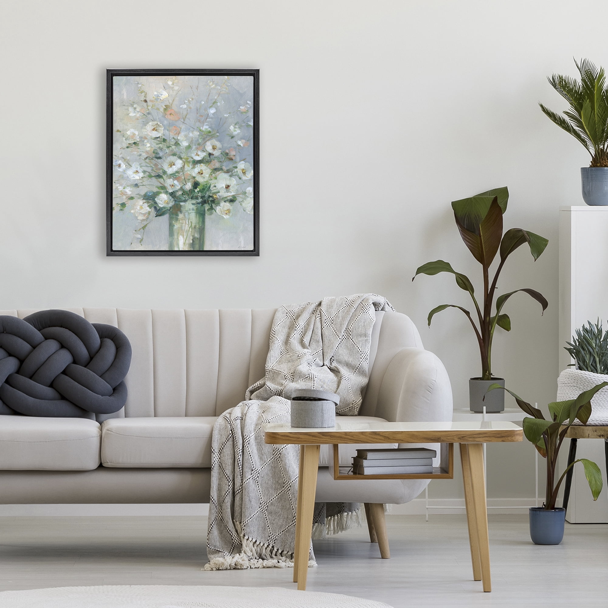 Stupell Industries Delicate White Blossoms Impression Black Framed Floater Canvas Wall Art, design by Sally Swatland