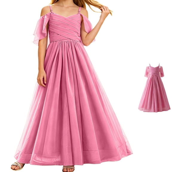 HJYCHN Kids Dress Spaghetti Strap Chiffon Long Gown with Over Bodice and Flowing Skirt for Girls Dress 9-10 Years