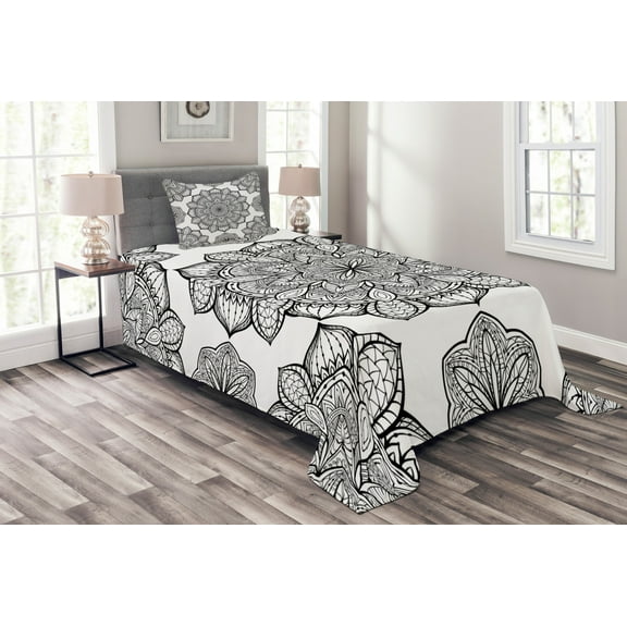 Ambesonne Mandala Quilted Bedspread Set 2 Pcs, Abstract Round Floral Motif, Twin Size, Black White