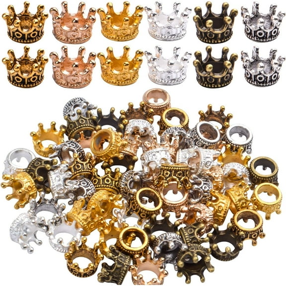 60pcs Crown Shape Charms Loose Beads Pendants Alloy Spacer Beads Big Hole Bracelet Connector Charm for Crafts DIY Jewelry Making,6 Colors