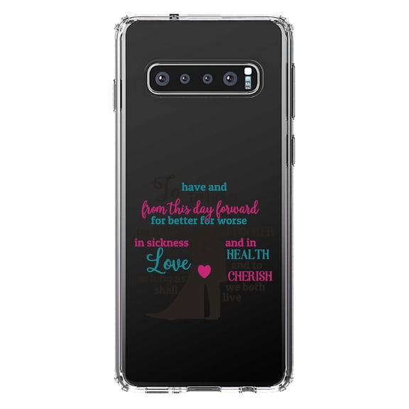 DistinctInk Clear Shockproof Hybrid Case for Samsung Galaxy S10 (6.1" Screen) - TPU Bumper Acrylic Back Tempered Glass Screen Protector - To Have & To Hold From This Day Forward