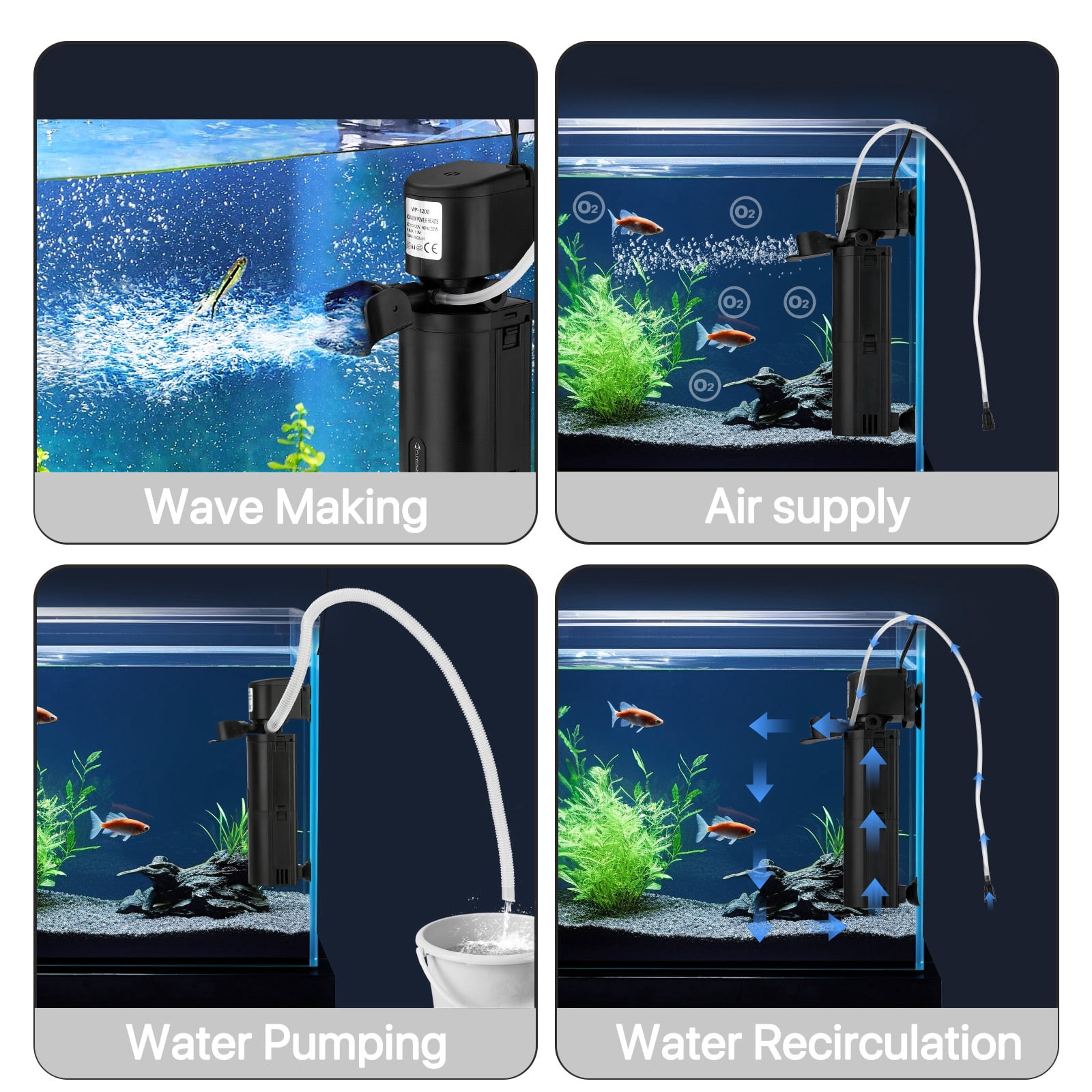 4-in-1 Internal Aquarium Filter for 10–75 Gallon Fish Tanks, Quiet Turtle Tank Filter with Filtration, Aeration, Circulation & Water Change