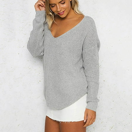Women Loose Knitted Pullovers Plunge V Neck Twisted Long Sleeves Drop Shoulder Crossed Casual Jumper Top Women Loose Knitted Pullovers Plunge V Neck Twisted Long Sleeves Drop Shoulder Crossed Casual Jumper Top