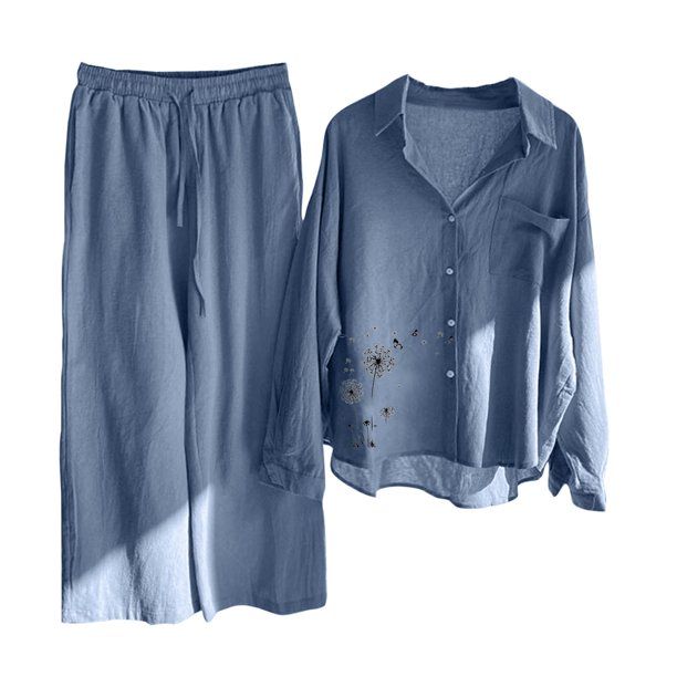 Puntoco Conjunto de camisa de 2 piezas con bolsillo de manga larga y pantalones largos de cintura alta para mujer Puntoco Puntoco-6565