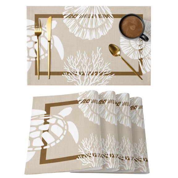Coastal Turtle Placemats Set of 6 Ocean Coral Conch Shell Place Mats Table Mats Kitchen Dining Home Outdoor Party Table Decoration