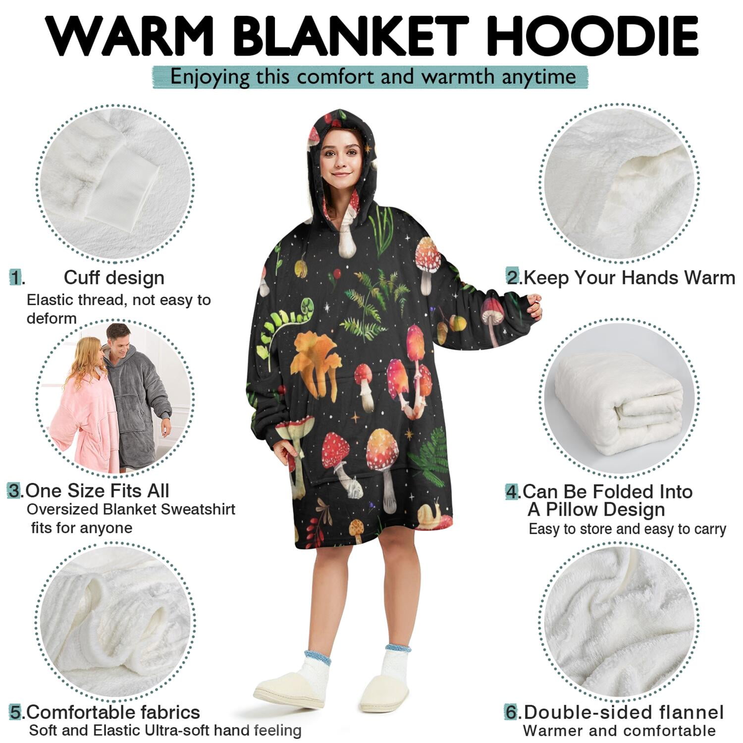 Red Mushroom Plant Black Pattern Wearable Oversized Blanket,Wearable Blanket Hoodie for Adults,Cozy Hooded Blankets with Super Pockets,Super Warm Fuzzy Pullover for Women & Men