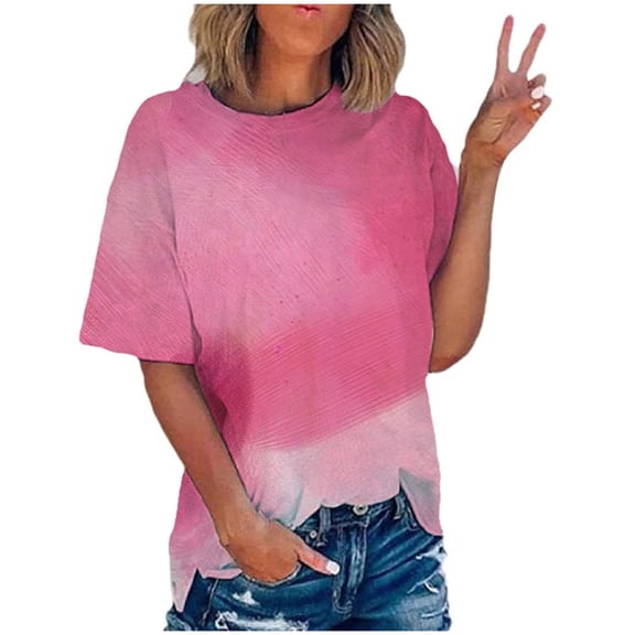 WRKEKC Plus Size Summer T-Shirts for Women Gradient Print Round Neck Short Sleeve Casual T-Shirt Lightweight Material Relaxed Fit
