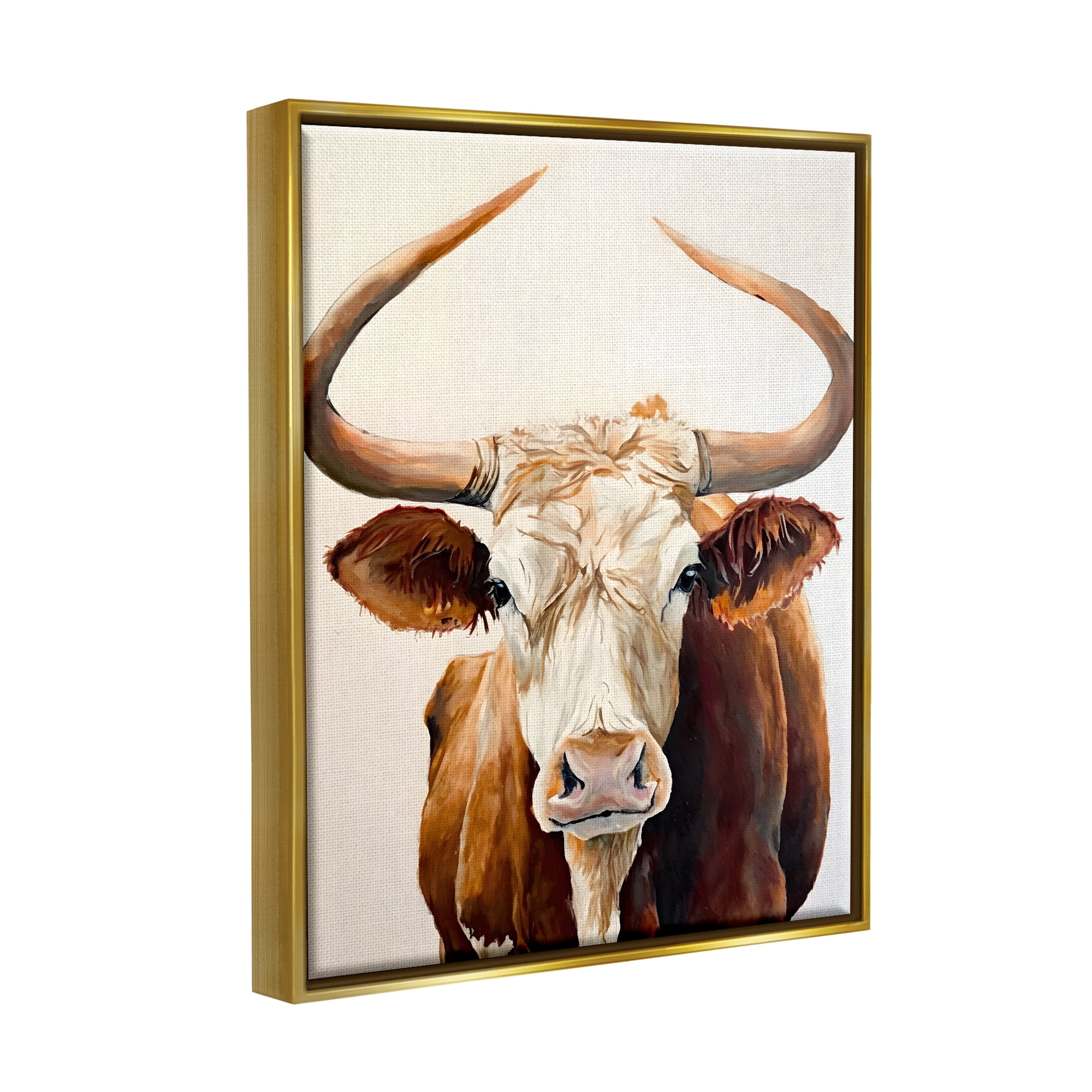 Stupell Industries Longhorn with Curved Horns Animals & Insects Painting Gold Floater Framed Canvas Art Print Wall Art, 25 x 31