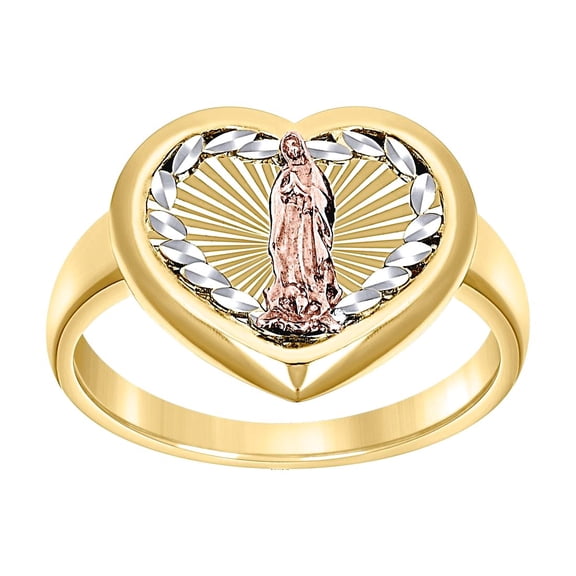 10k Tri-color Gold Womens Love Heart Head Guadalupe Religious Ring 14x2.5mm Wide Statement Ring for Women