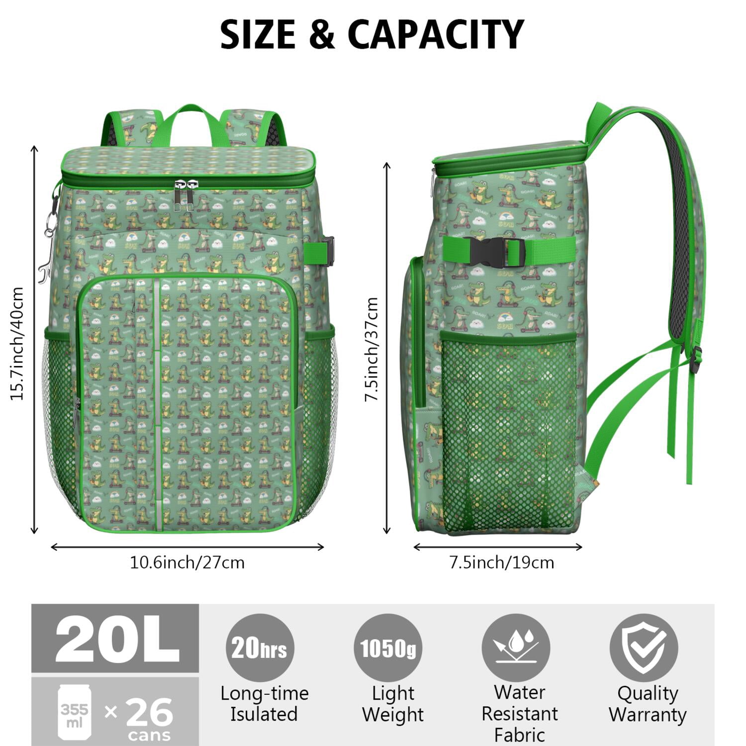 Travel Cooler Bag - Green Alligators Icons Pattern Camping Beer Cooler Backpack with Bottle Opener- Waterproof Insulated Picnic Backpacks - Cooler Bag for Beach