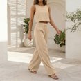 thumbnail image 6 of Linen Look Two Piece Set for Women, Sleeveless Crop Top & Wide Leg Pants with Pockets - Summer Casual Lounge Outfit Beige L, 6 of 7