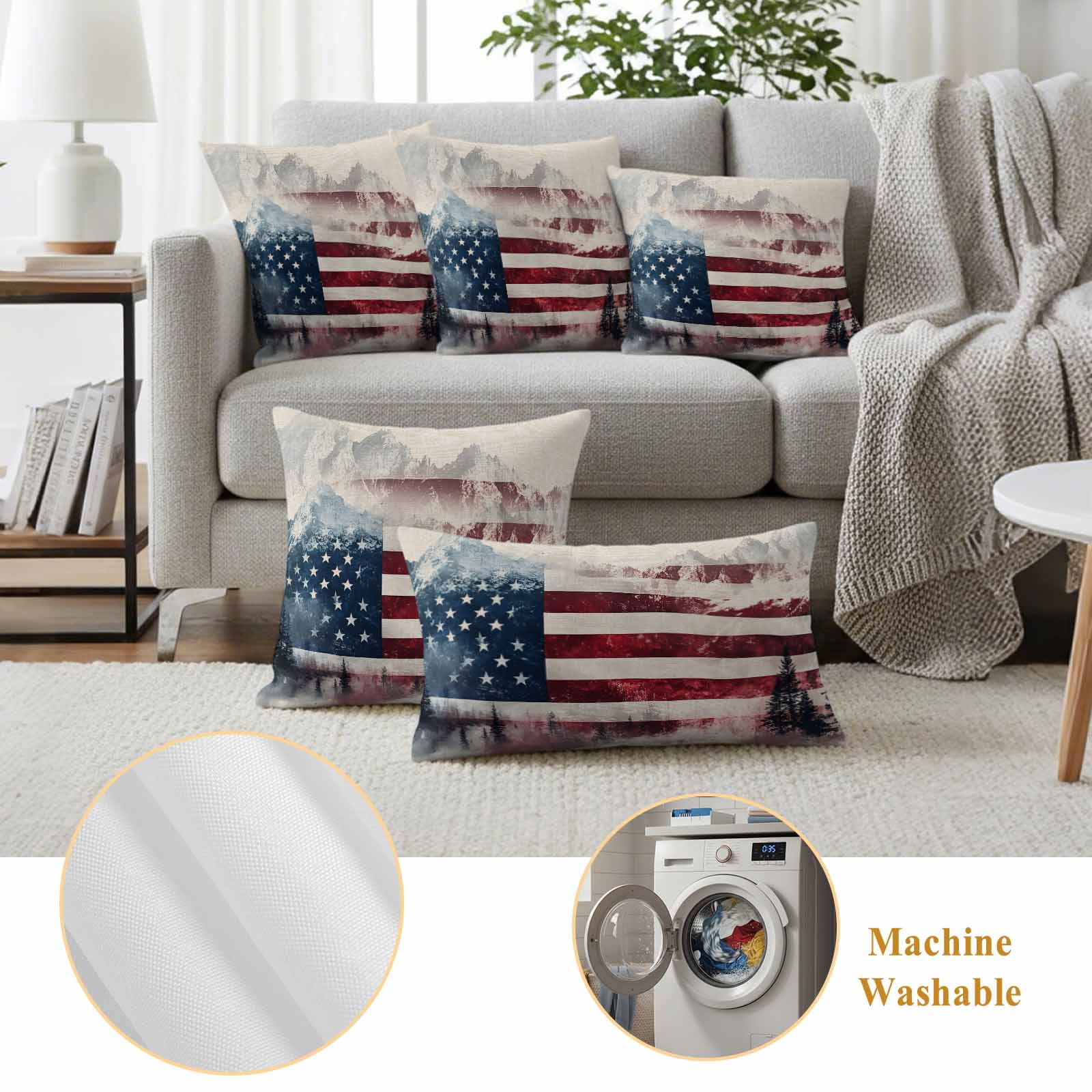 4th of July Outdoor Waterproof Pillow Covers, Forest Independence Day USA Flag Decorative Square Throw Pillowcase Sofa Cushion Sham for Patio/Couch/Chair, 18"x18" 2 Pack