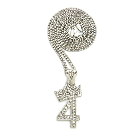 Stone Stud Tilded Crown Number Pendant with 3mm 24" Cuban Chain Necklace, 4, Silver-Tone