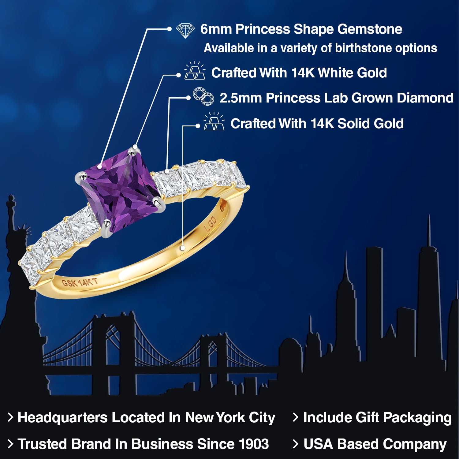 Gem Stone King 14K White And Yellow Gold Purple Amethyst and Lab Grown Diamond Engagement Ring for Women | 1.94 Cttw | Princess 6MM | Gemstone February Birthstone | Size 9