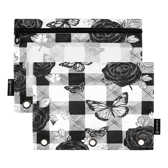2 Pack 3 Ring Binder Pouch with Clear PVC Window Water Resistant Zipper Pencil Pouch Rose Checkered Pattern Binder Pocket for Classroom Office Home Stationery Organization