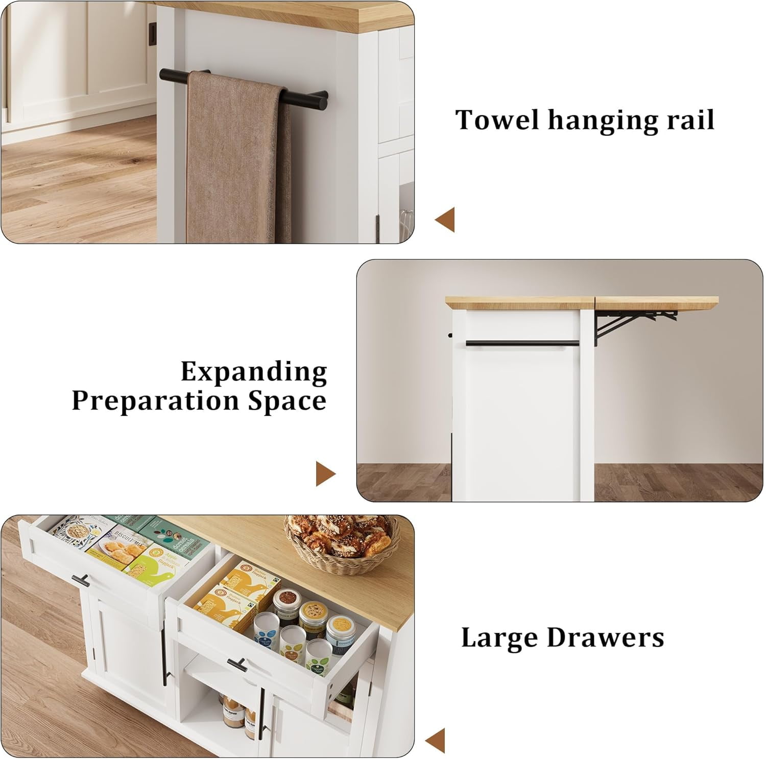 Rolling Kitchen Island Cart with Storage, Foldable Drop Leaf Top, 2 Glass-Door Cabinets, 2 Large Drawers, Spice Rack & Towel Bar, Mobile Kitchen Cart on Lockable Wheels, White
