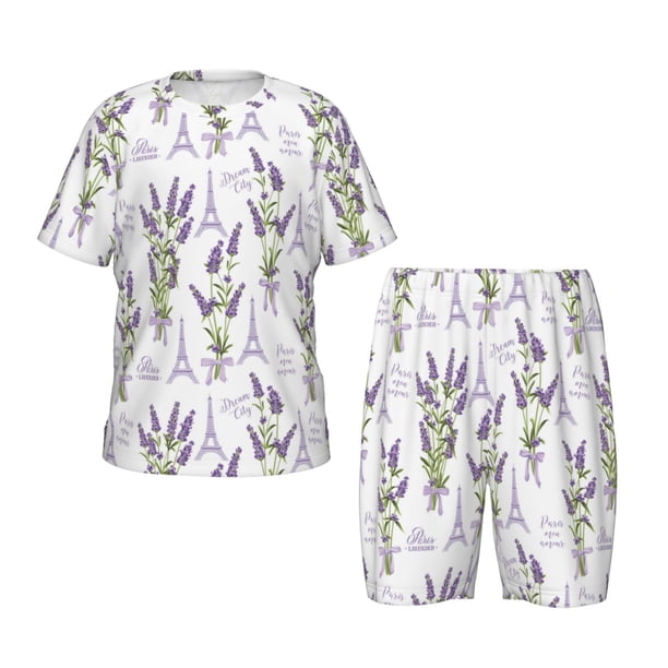 Balery Lavender Flowers Conjunto de Pijama Infantil de Manga Corta con Estampado – Ropa de Dormir de Algodón Suave-X-Large