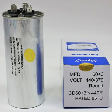 

Supco CD60+3X440R Supco CD60+3X440R HVAC Motor Round Dual Run Capacitor 60 + 3 MFD 440 Volts