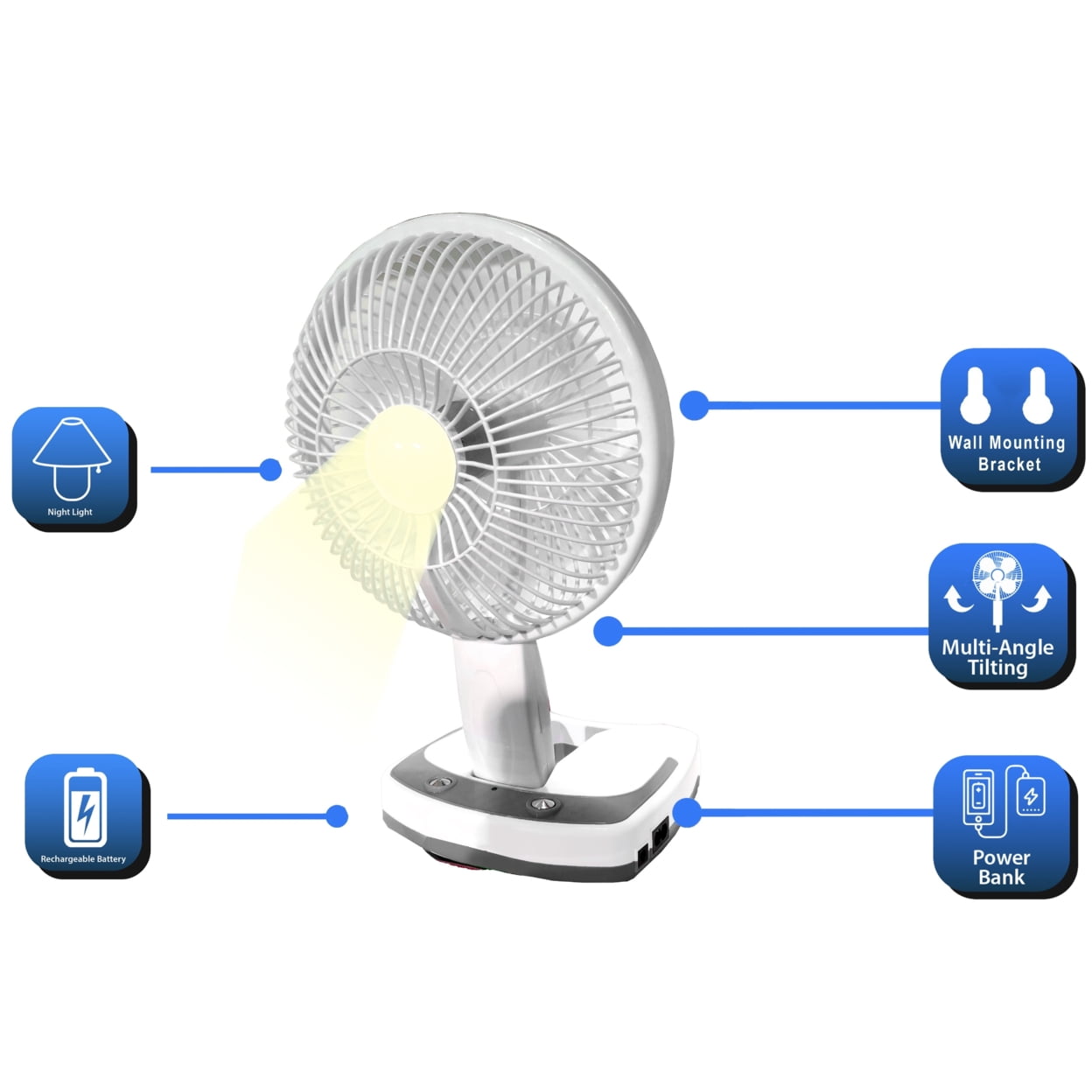 Technical Pro Rechargeable Desk Wall Fan with LED Lamp Power Bank Adjustable Tilt