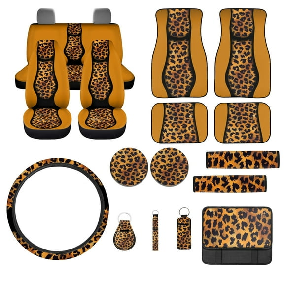 Jeiento Leopard Print Automotive Seat Cover Set Car Floor Mat Steering Wheel Cover Center Console Armrest Pad Safety Belt Pad Cup Coasters Keychains Lipstick Holder 17 PCS Car Accessory Decor