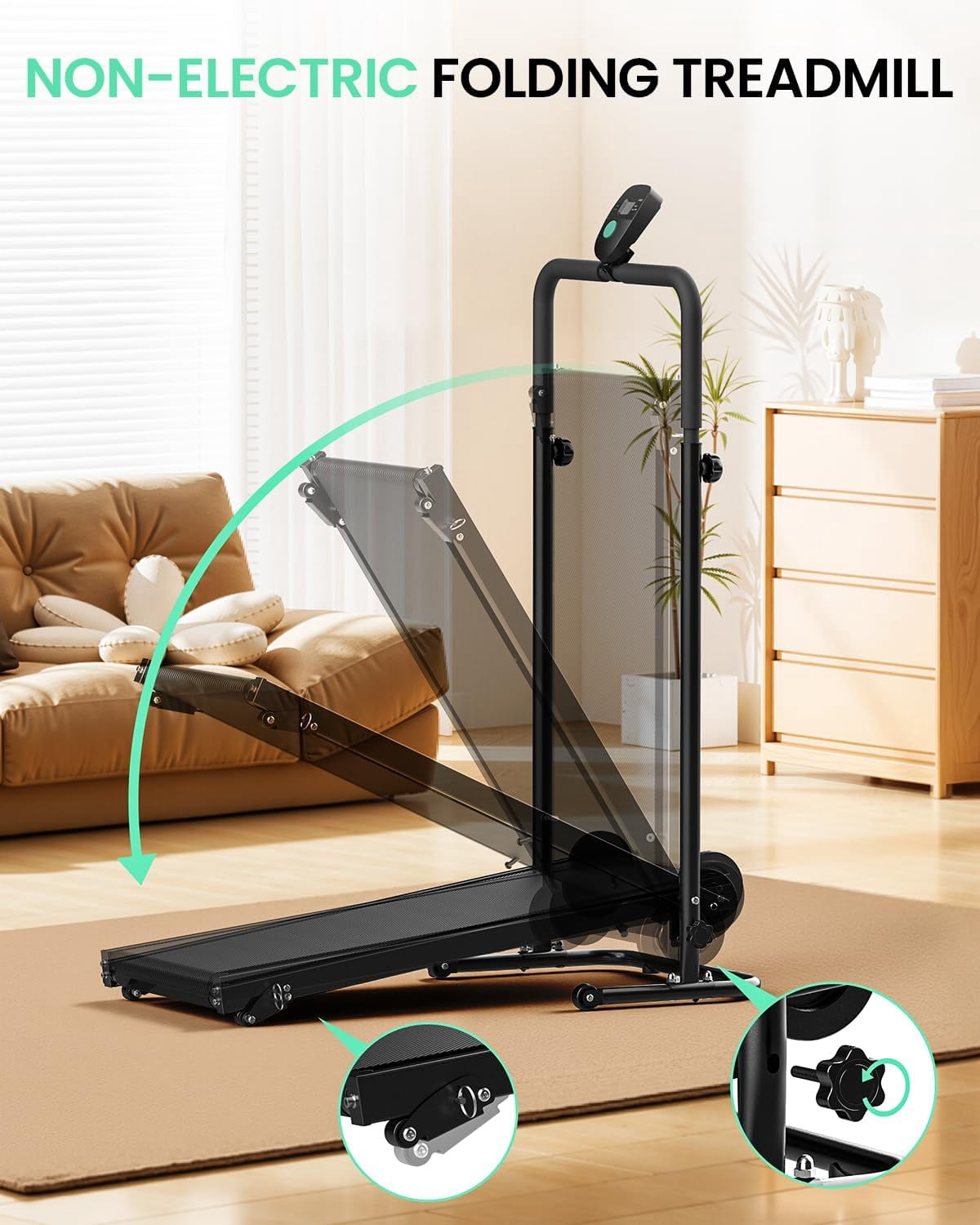 Akluer Non-Electric Treadmill with Dual Flywheel & Fixed Incline, LCD Monitor, Foldable Design for Home Use, Non-Slip Belt, Soft Foam Grips for Walking/Jogging