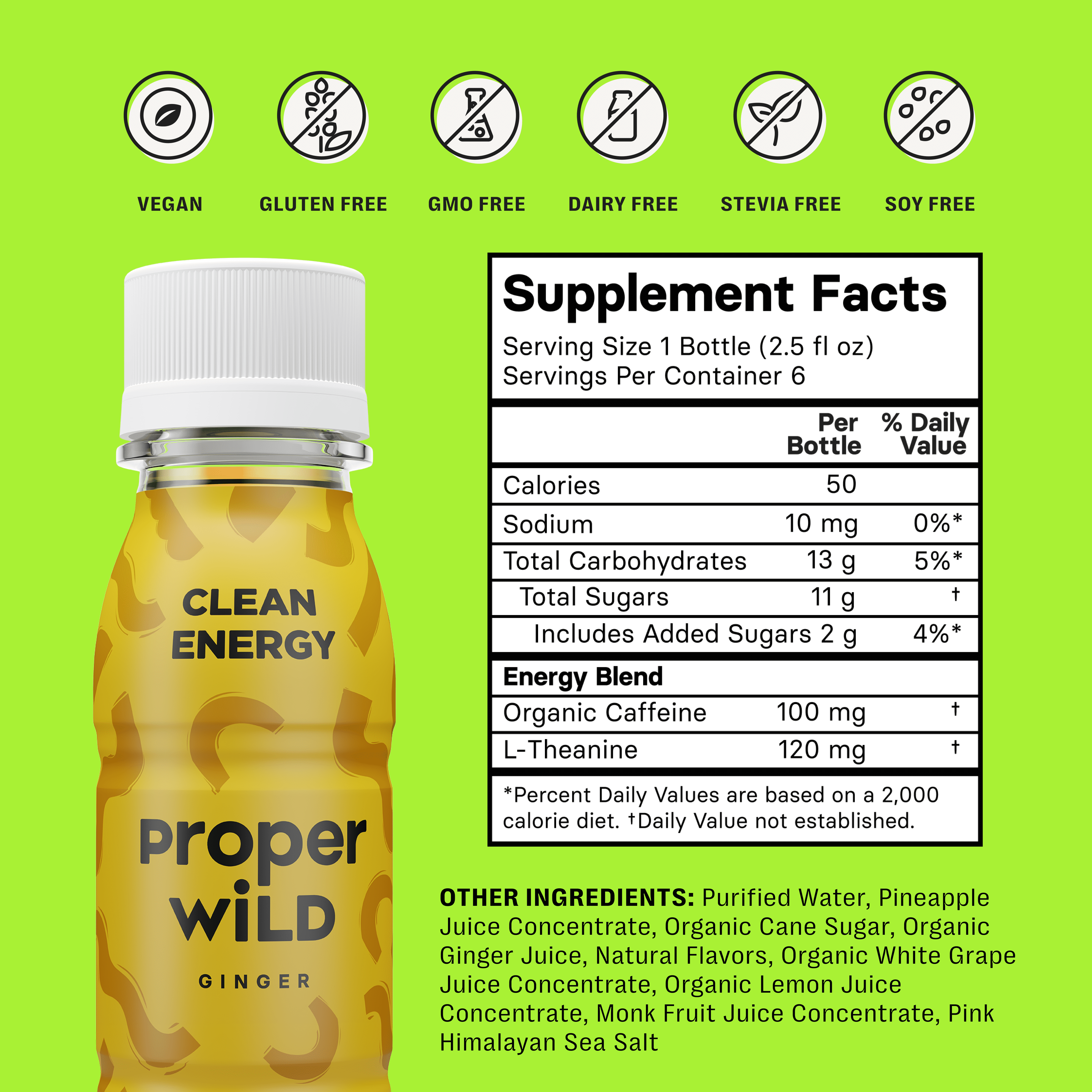 Proper Wild, Natural Clean Energy Shots, Caffeine & L-Theanine, Ginger, 6-Pack