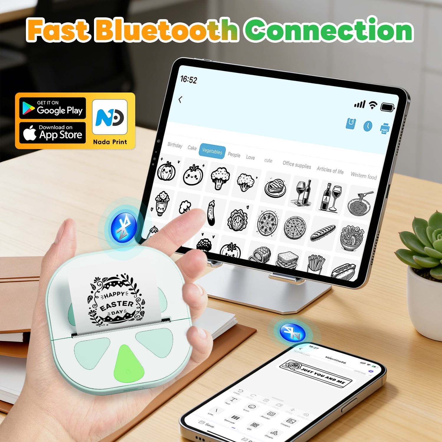 HKHKPI Mini Printer, Bluetooth Portable Inkless Thermal Pocket Sticker Printer with 3 rolls, Sticker Maker Machine for Notes Journal Kids Gift